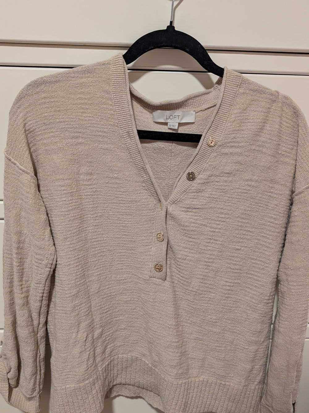 LOFT Men's Light Beige V-Neck Textured Henley Sweater